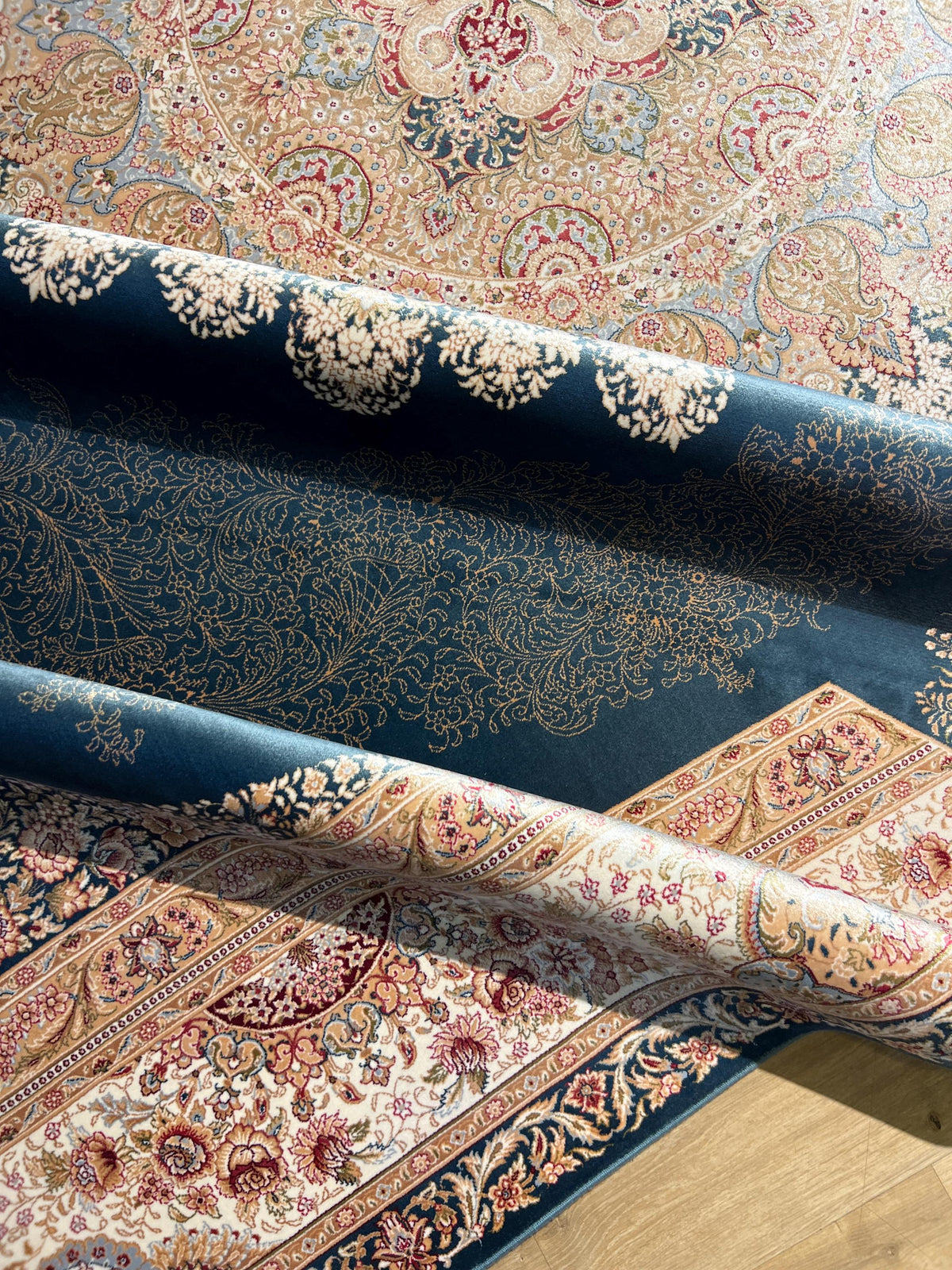 Blue Beige Silk Palace Rug, 8x11 ft, Traditional Turkish Carpet