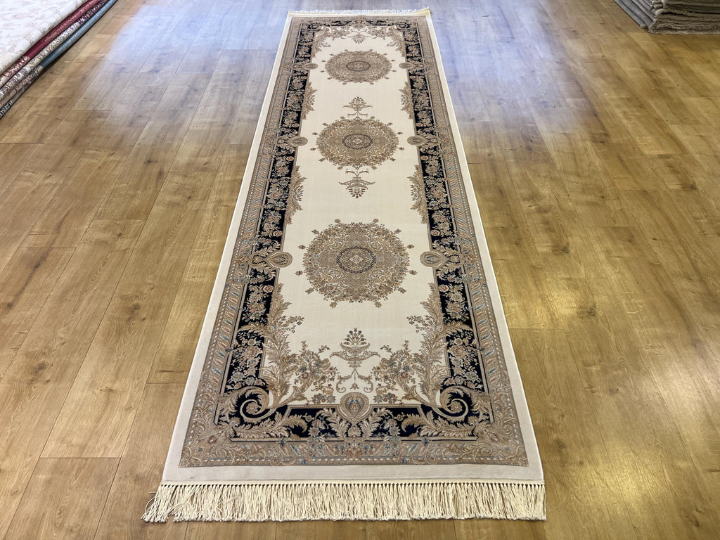 Ivory Silk Runner Rug with Navy Blue Border Gold Medallion, 3x10ft, Classic Turkish Rug