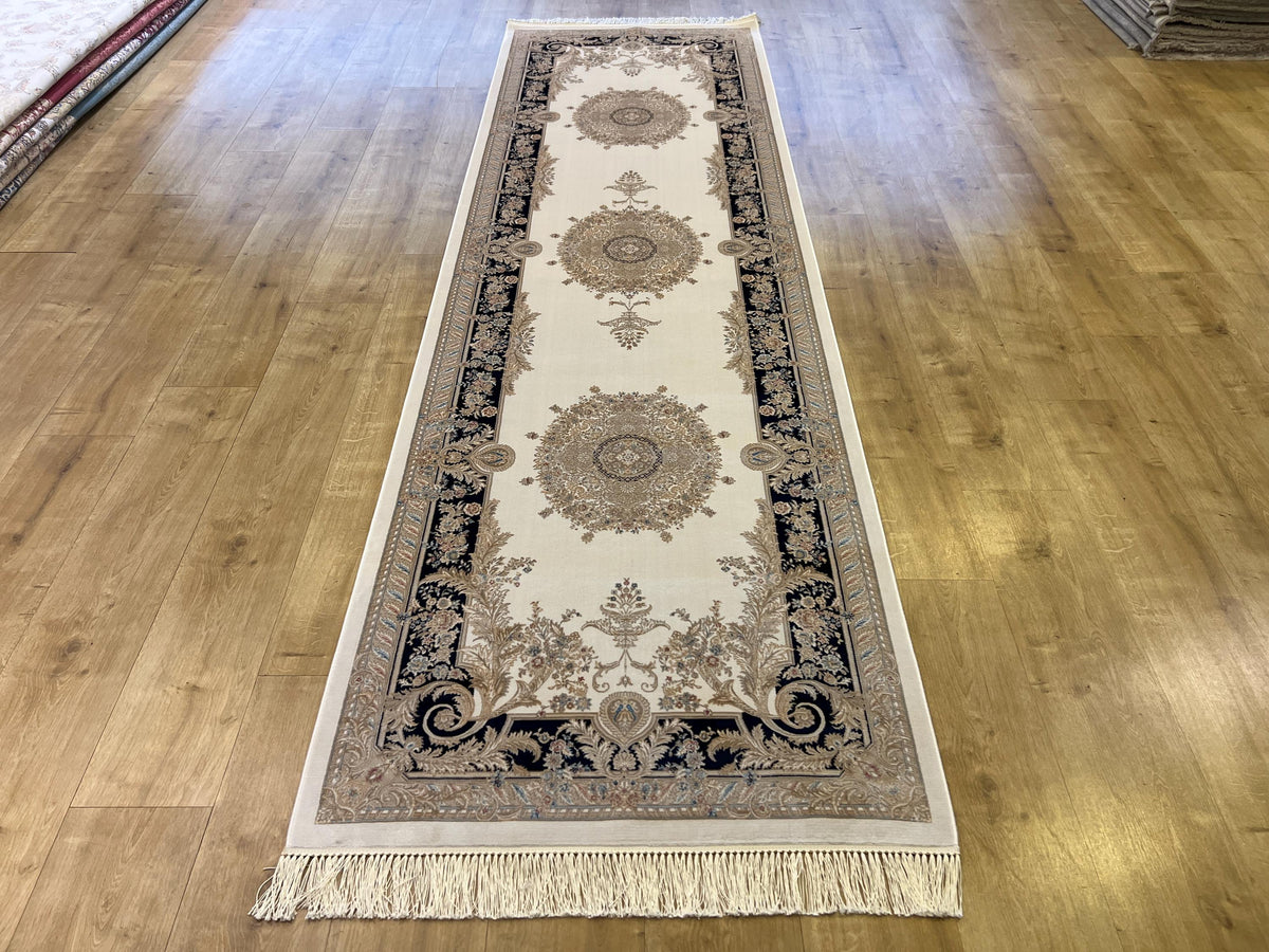 Ivory Silk Runner Rug with Navy Blue Border Gold Medallion, 3x10ft, Classic Turkish Rug