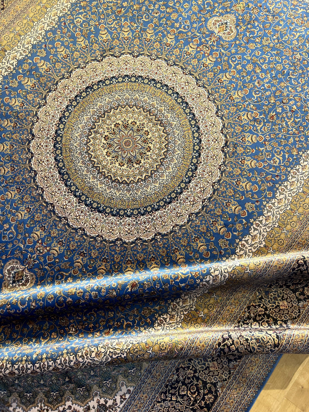 Blue Beige Silk Palace Rug, Traditional Turkish Carpet (8x11 ft)