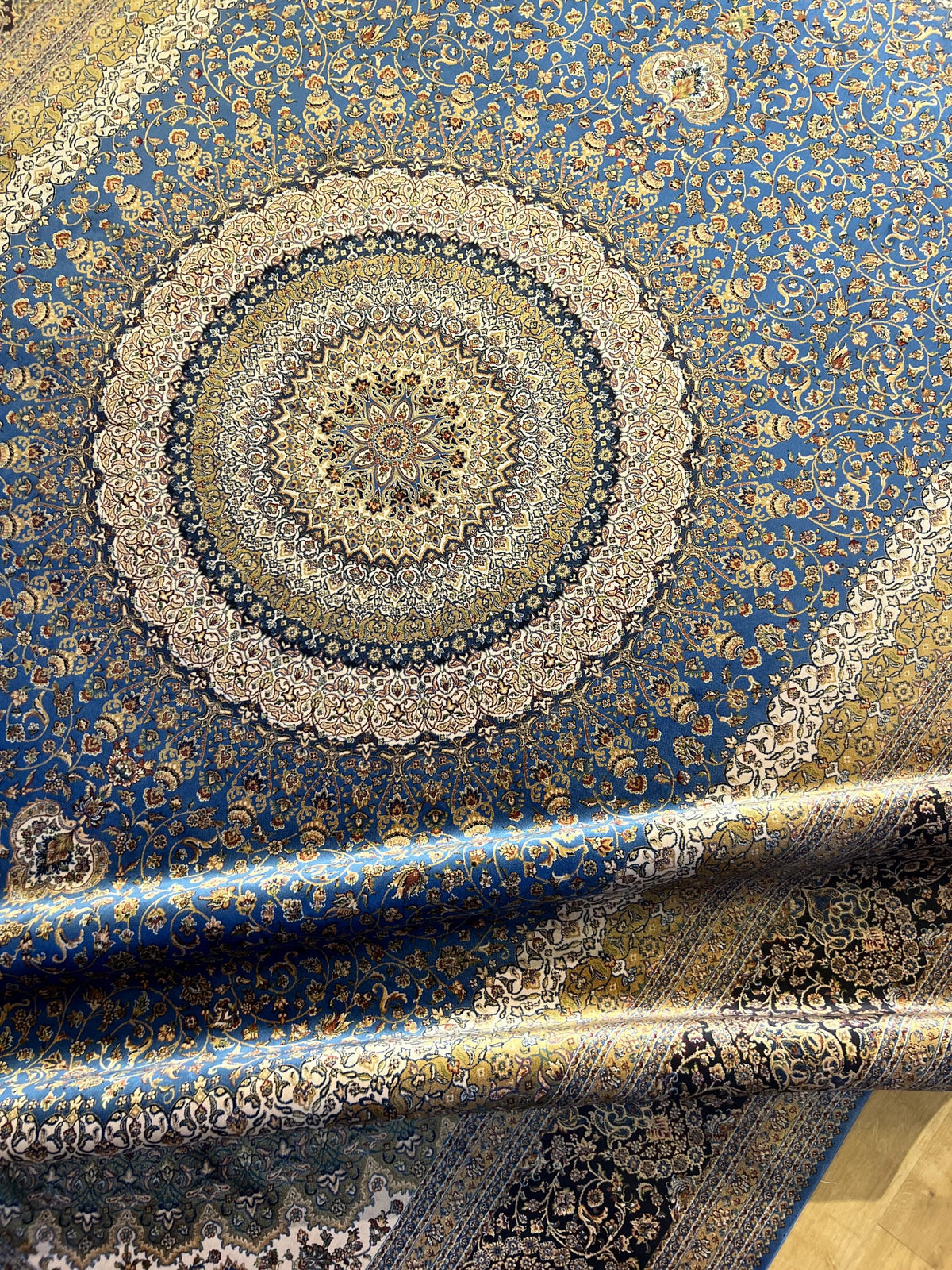 Blue Beige Silk Palace Rug, Traditional Turkish Carpet (8x11 ft)