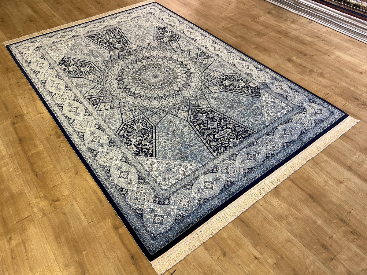 5x8 Silk Rug, Navy Blue White Medallion, Classic Turkish Style, Luxury Carpet