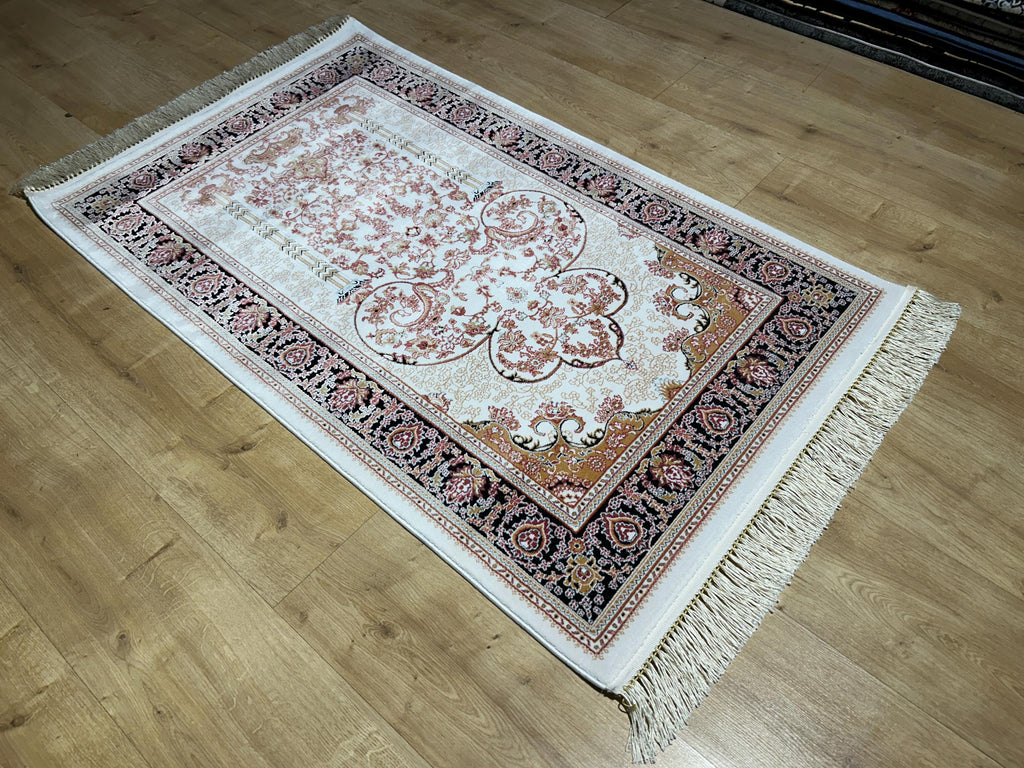 2.55x4.10 Ft Ivory Black Pink Silk Prayer Rug, Muslim Gift Prayer Mat