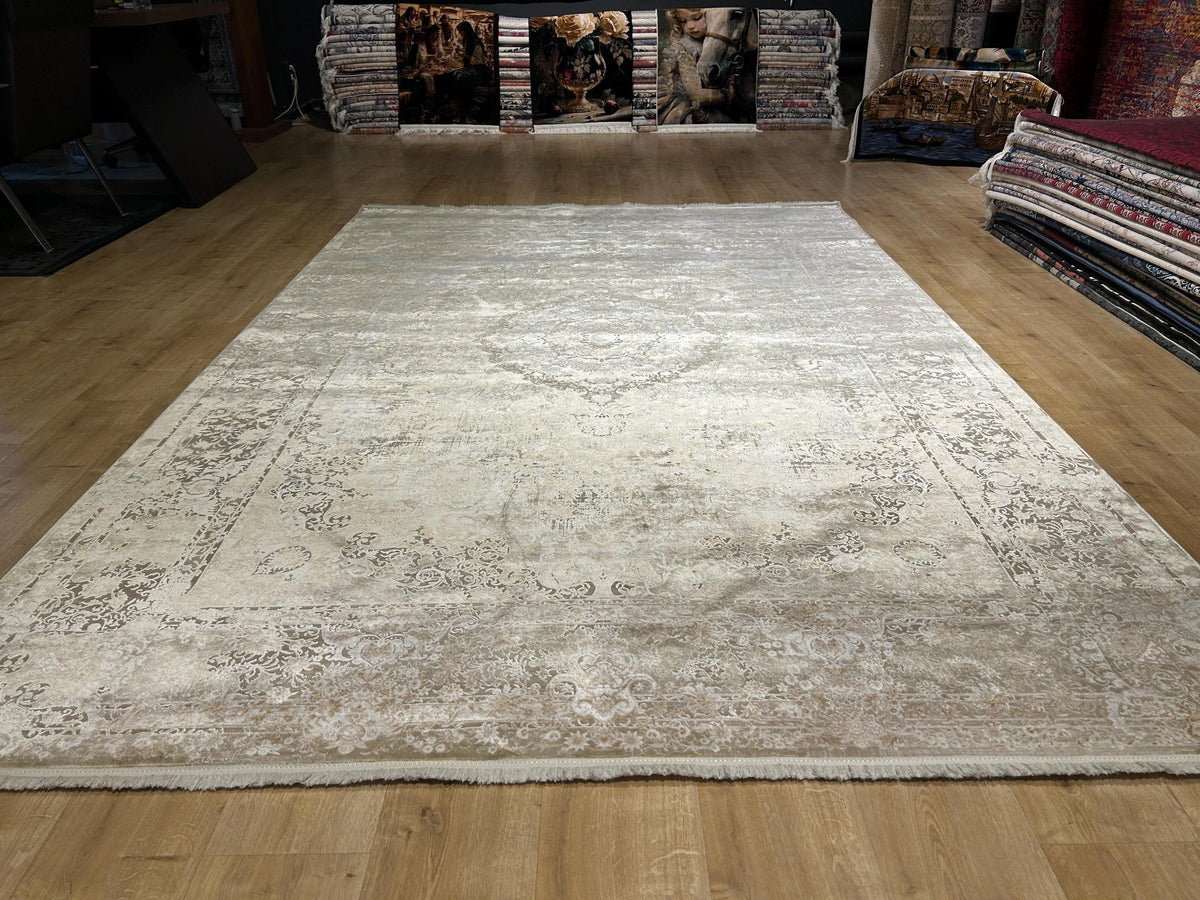 Light Brown Beige Silk Rug, Medallion Design Classic Silk Carpet