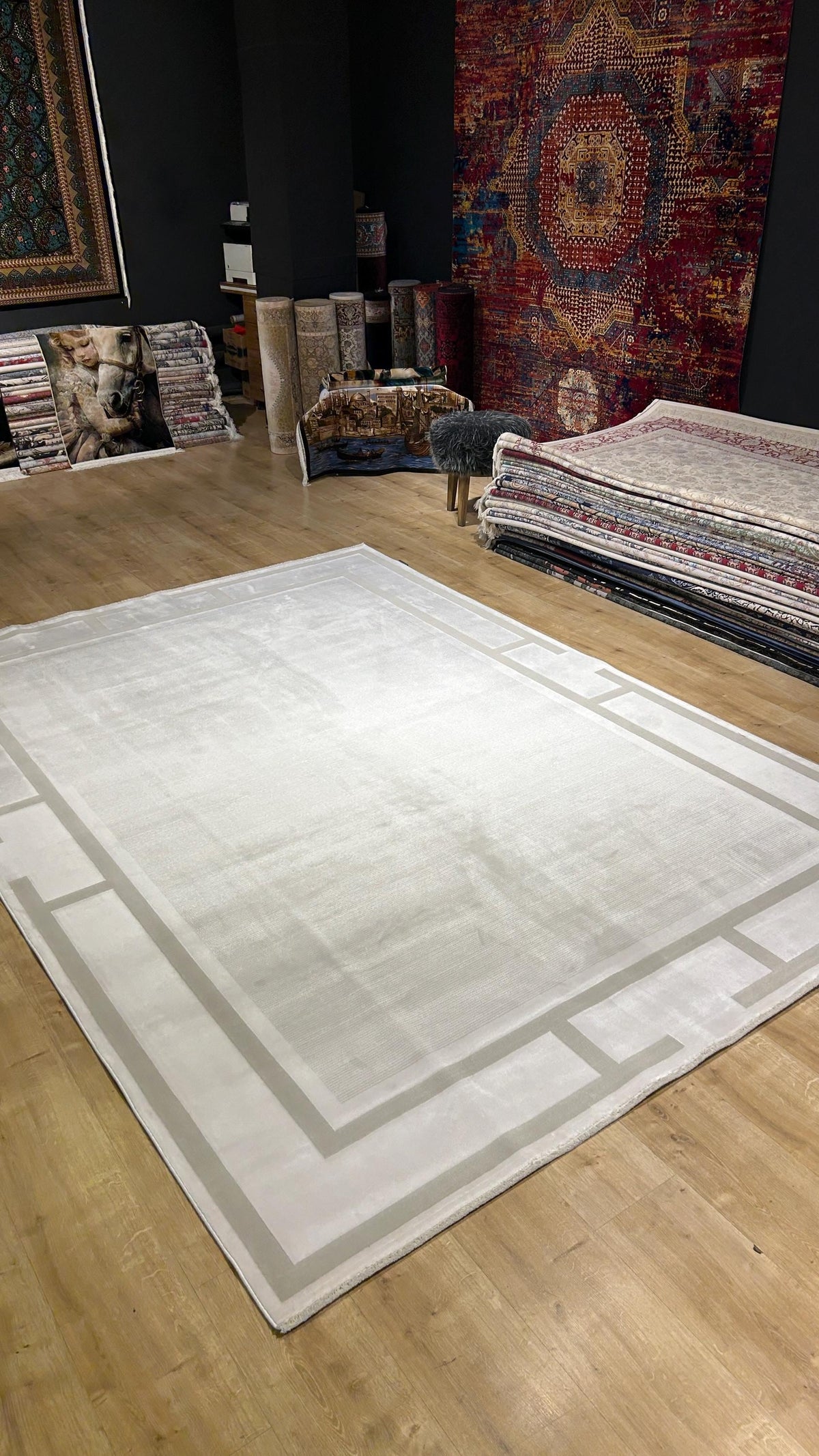 Ivory Beige Bamboo Rug, Minimalist Modern Area Rug