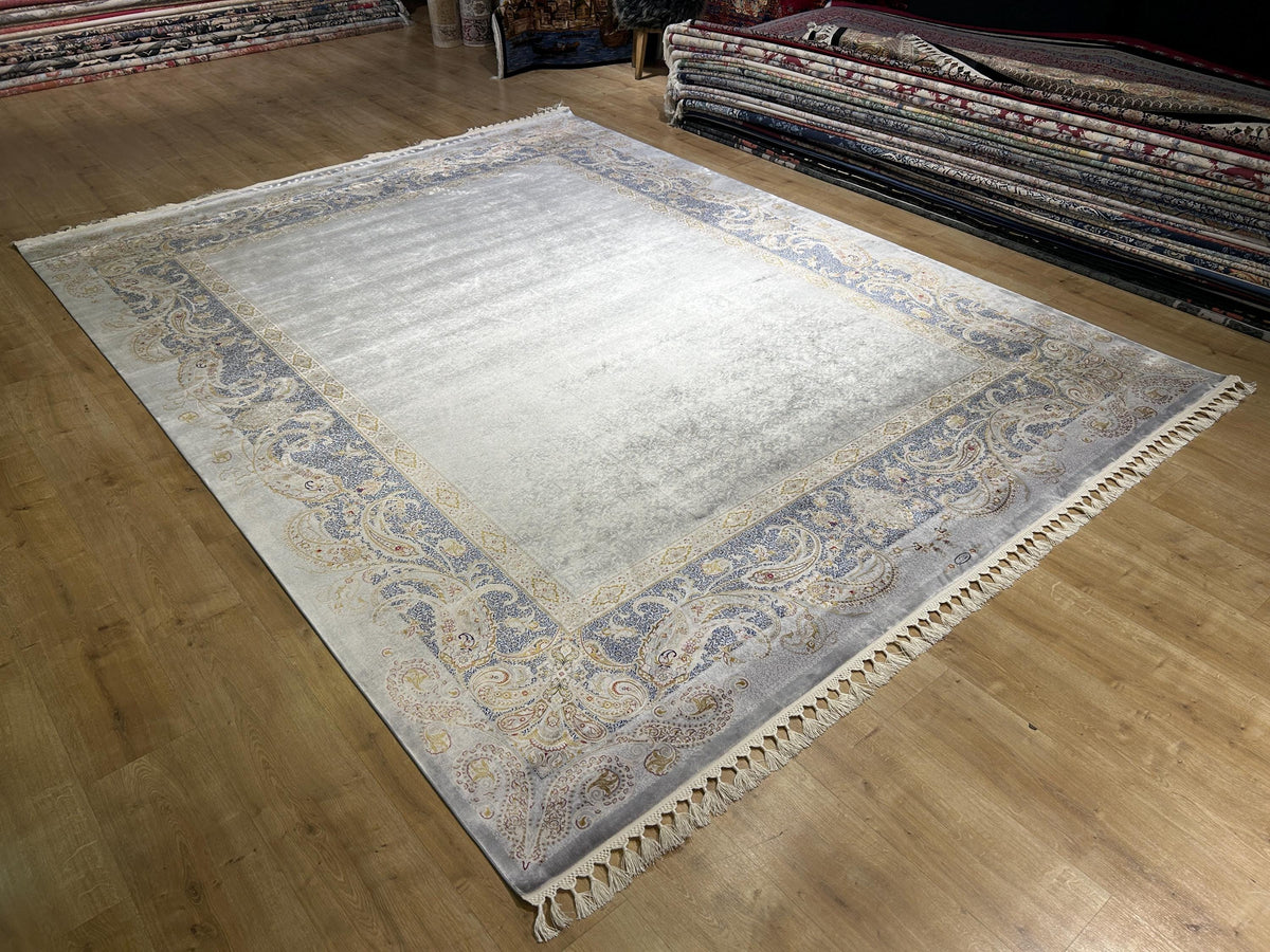 8x10 ft Gray Silk Rug,  Gray  Gold Border Design Turkish Carpet, Luxury Home Decor