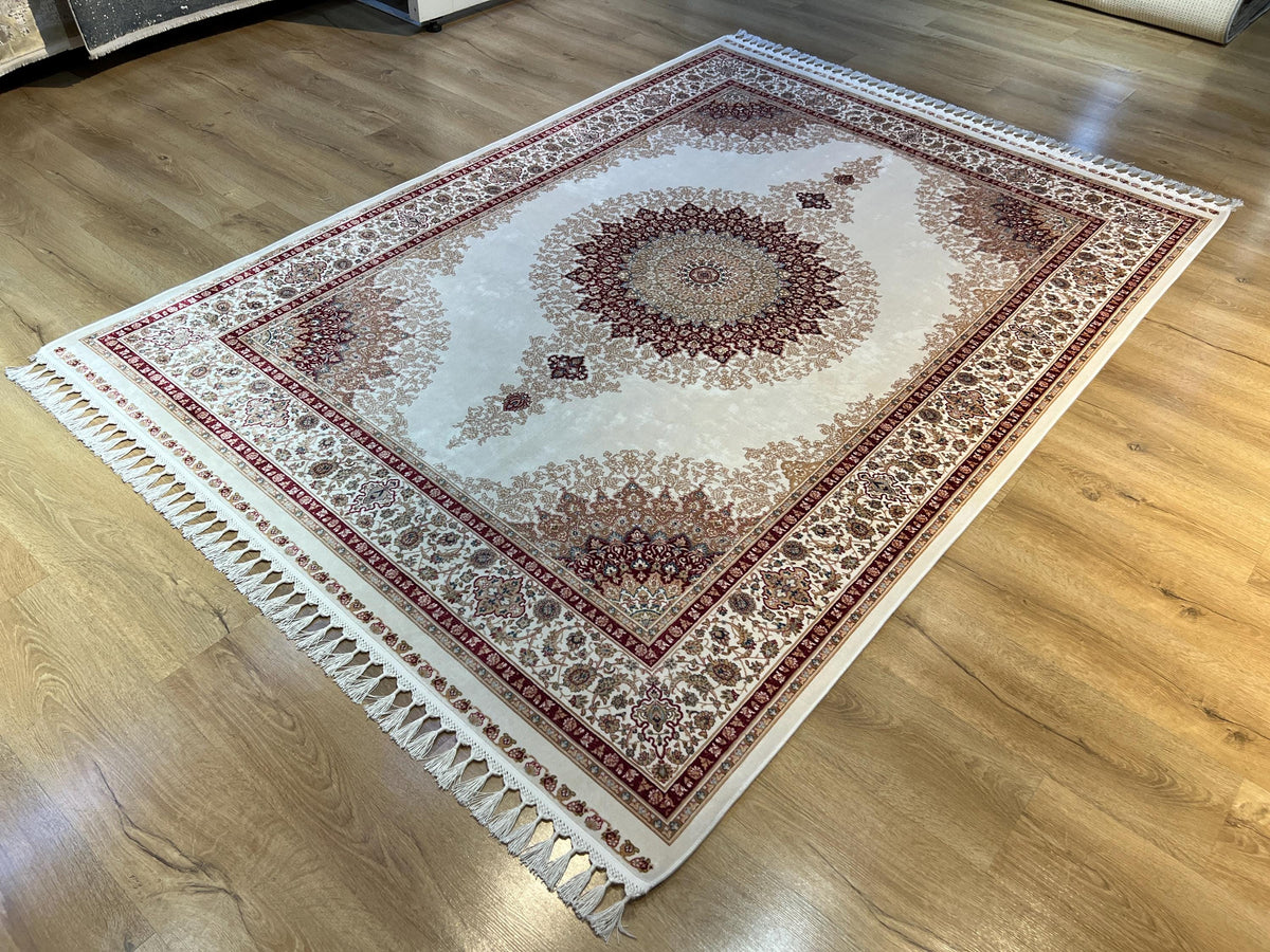 5x8 ft Ivory Bamboo Silk Rug, Red Medallion Classic Turkish Carpet