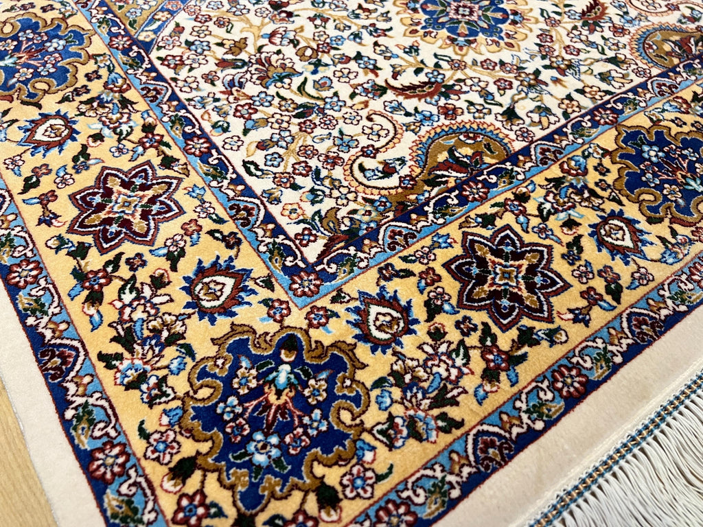 2.62x4.10 Ft Ivory Beige Silk Prayer Rug With Floral Design, Muslim Gift Prayer Mat