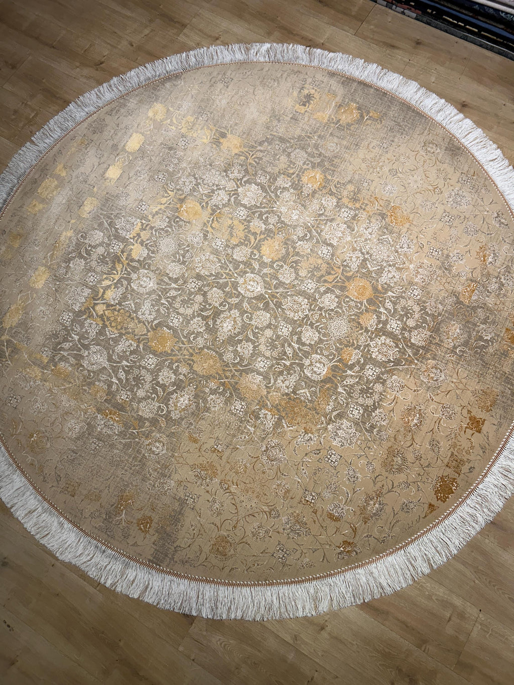 7x7 Ft Beige Gold Silk Rug, Distressed Floral Pattern Carpet