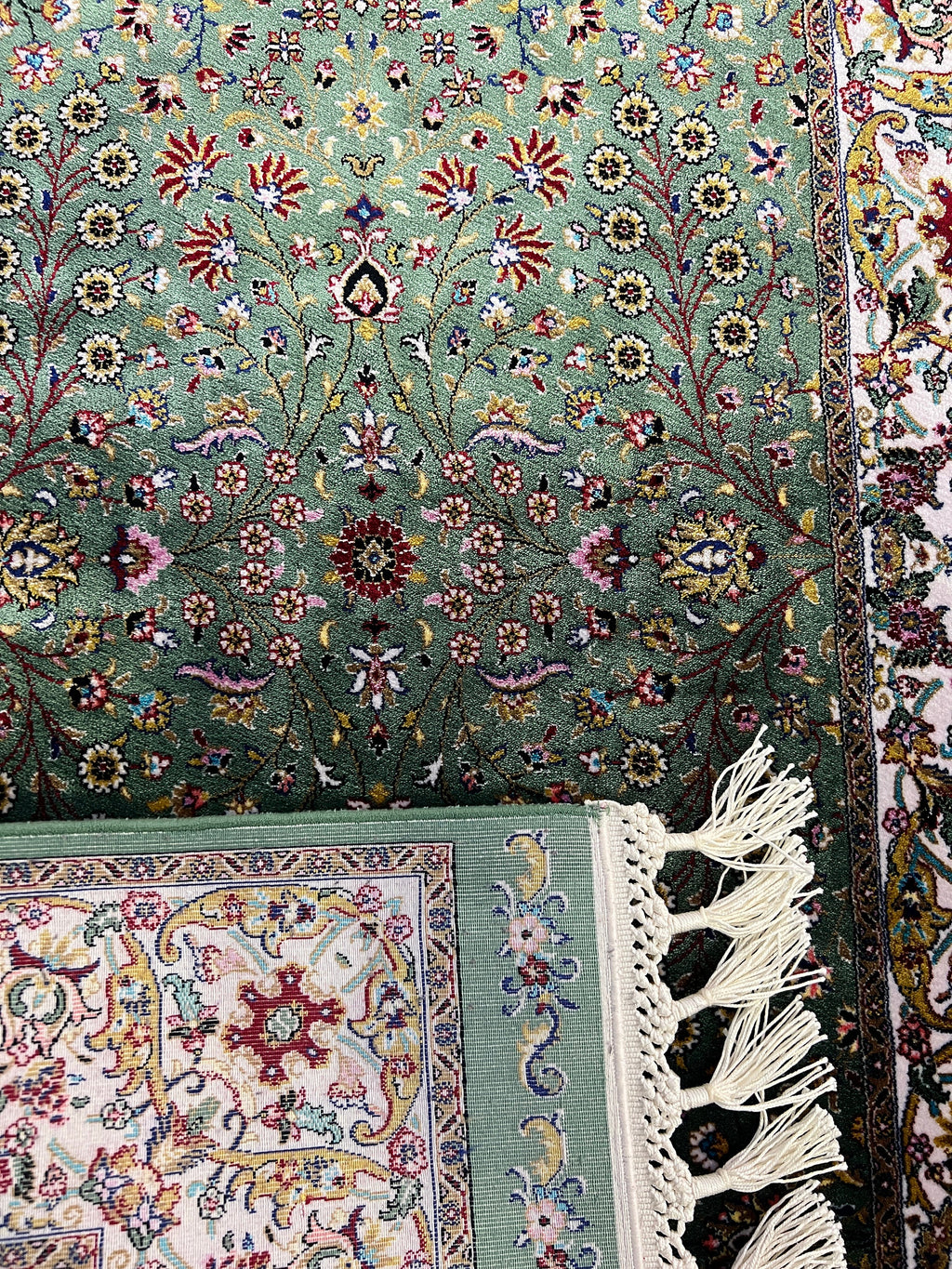 Green Beige Floral Silk Rug, Turkish Carpet, Luxury Home Decor
