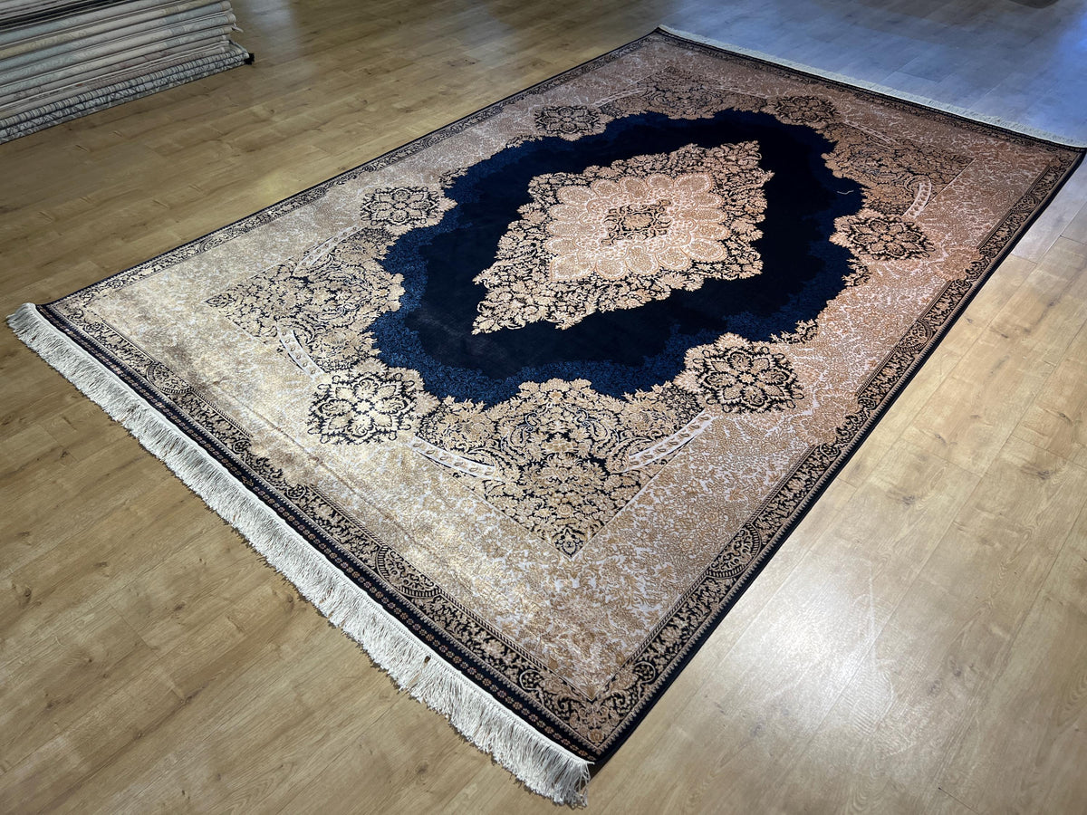 7x10 ft Navy Silk Rug, Gold Medallion and Border, Luxury Turkish Style