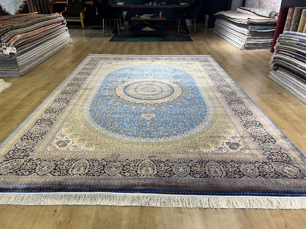 Blue Beige Silk Palace Rug, Traditional Turkish Carpet (8x11 ft)