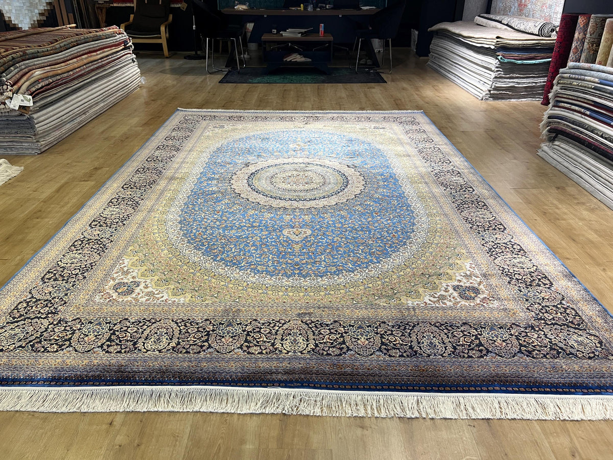 Blue Beige Silk Palace Rug, Traditional Turkish Carpet (8x11 ft)