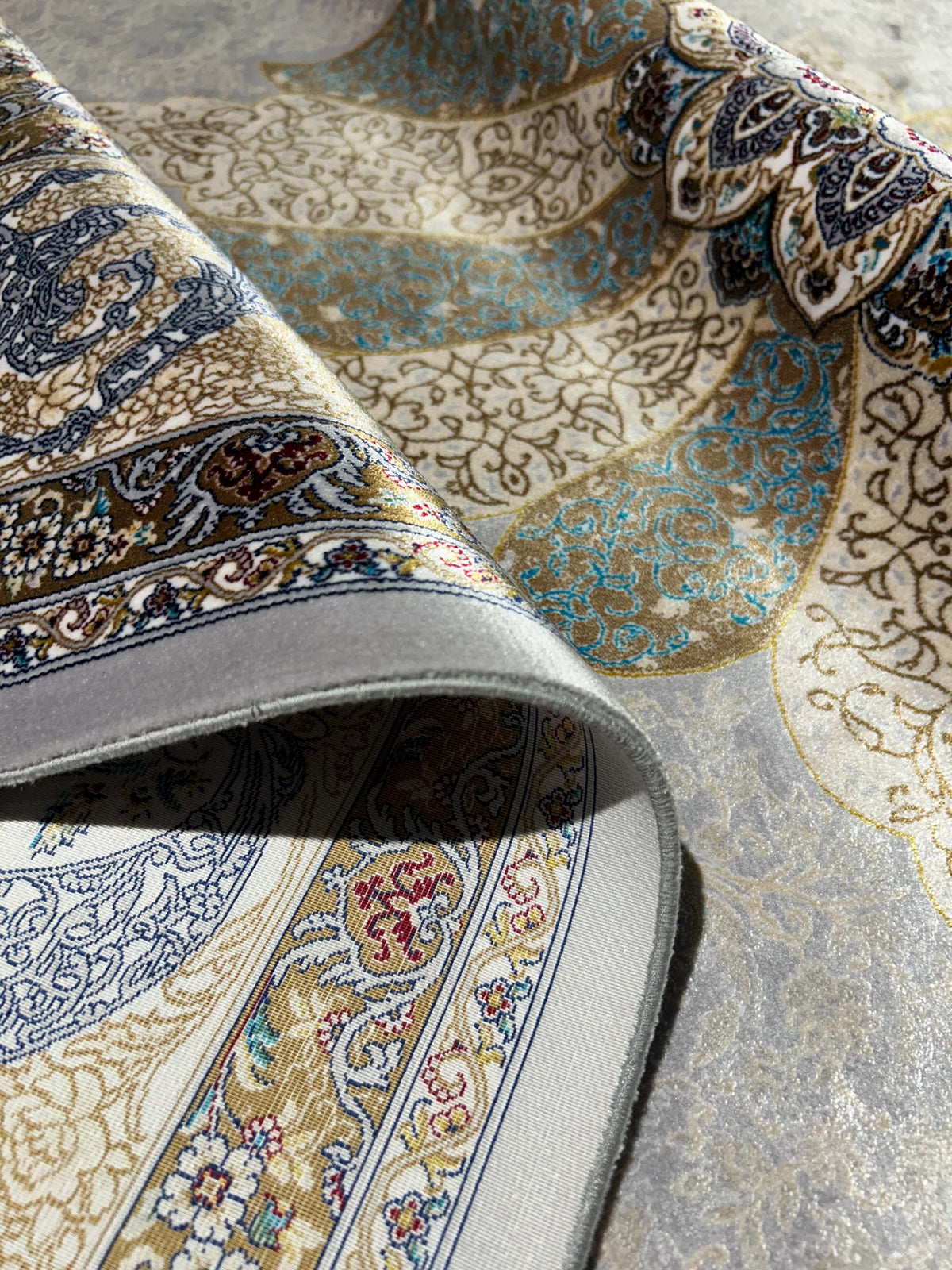 Gray Silk Rug, Gold Blue Medallion, Classic Traditional Style Carpet