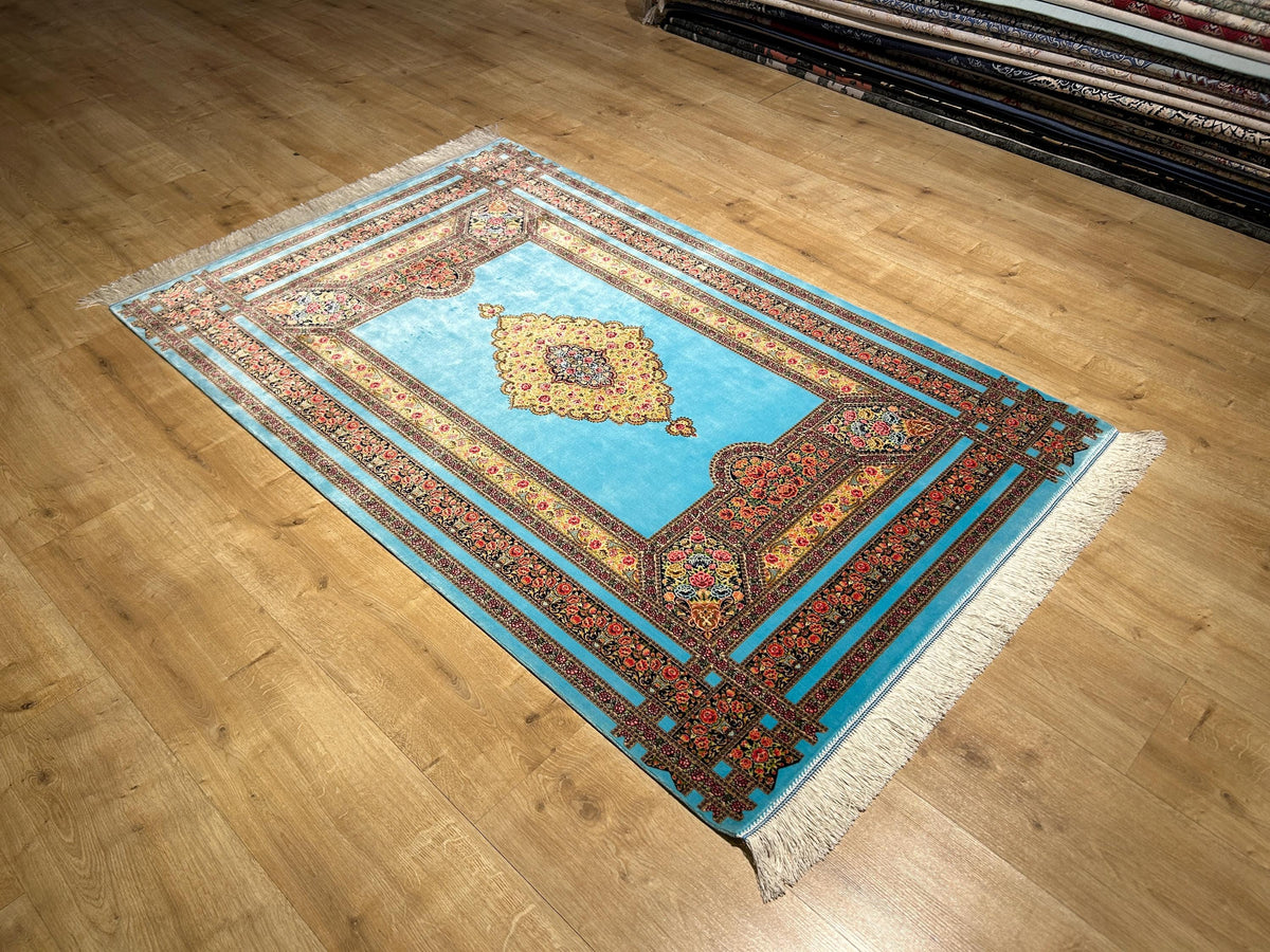 Blue Silk Rug, Floral Medallion and Border Design Classic Luxury Silk Carpet