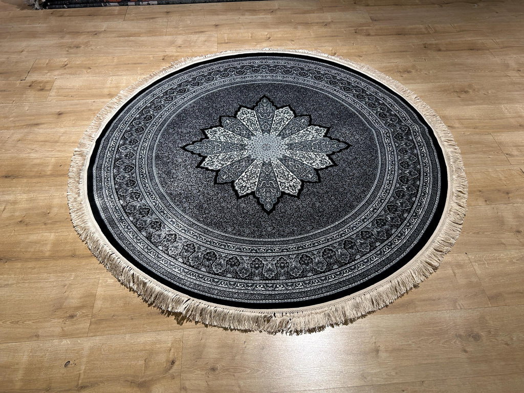Black Gray Round Silk Rug, Medallion Design, Classic Luxury Area Rug