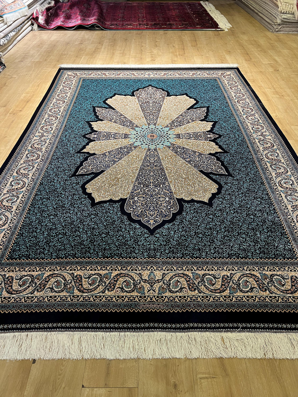 7x10 ft Navy Blue Silk Carpet, Traditional Pattern Rug