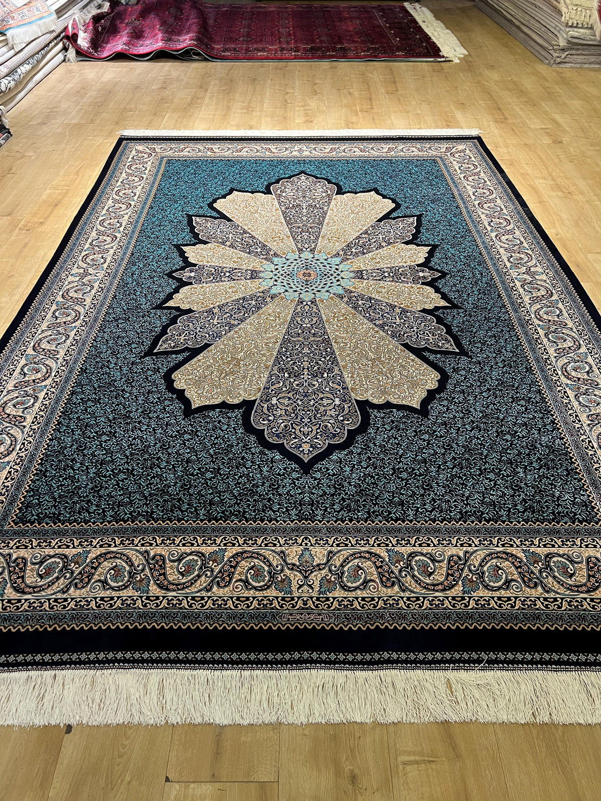 7x10 ft Navy Blue Silk Carpet, Traditional Pattern Rug