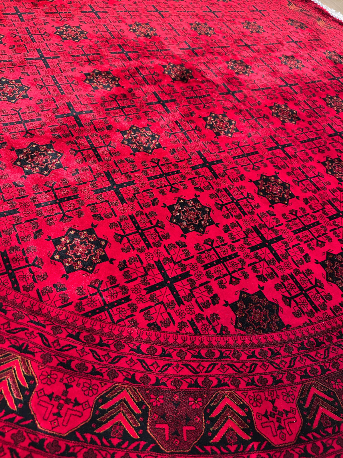 5x5 Ft Red Silk Round Rug, Ethnic Pattern Turkish Silk Carpet, Traditional Design