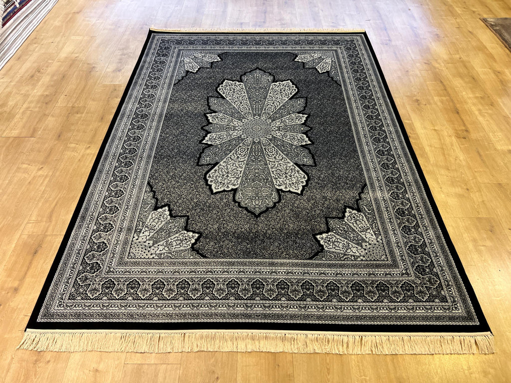 5x8 ft Black White Silk Rug, Traditional Medallion Design Rug , Luxury Home Decor