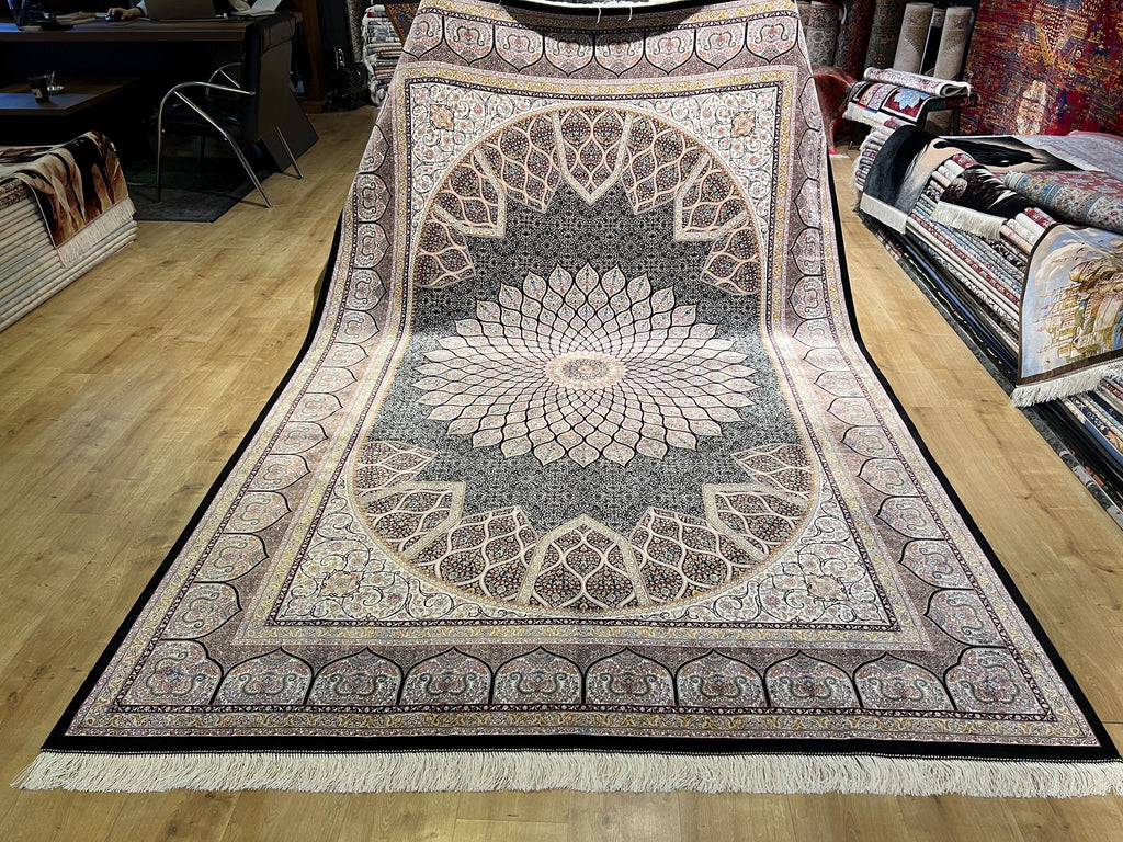 Black Silk Rug, Ivory Medallion Floral Design, Luxury Classic Carpet