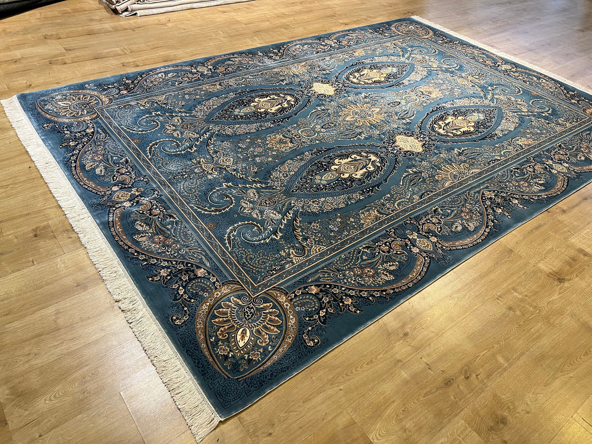 7x10 ft Blue Classic Turkish Style Silk Area Rug with Elegant Luxury Design