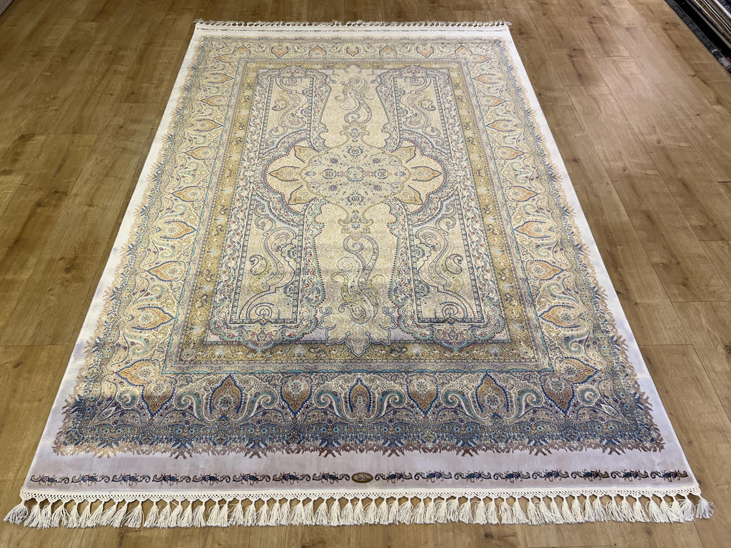 Blue Gold Silk Rug, Medallion Design Classic Silk Carpet