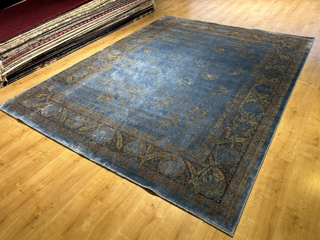 8x10 ft Blue Bamboo Rug, Distressed Pattern, Bordered Modern Rug