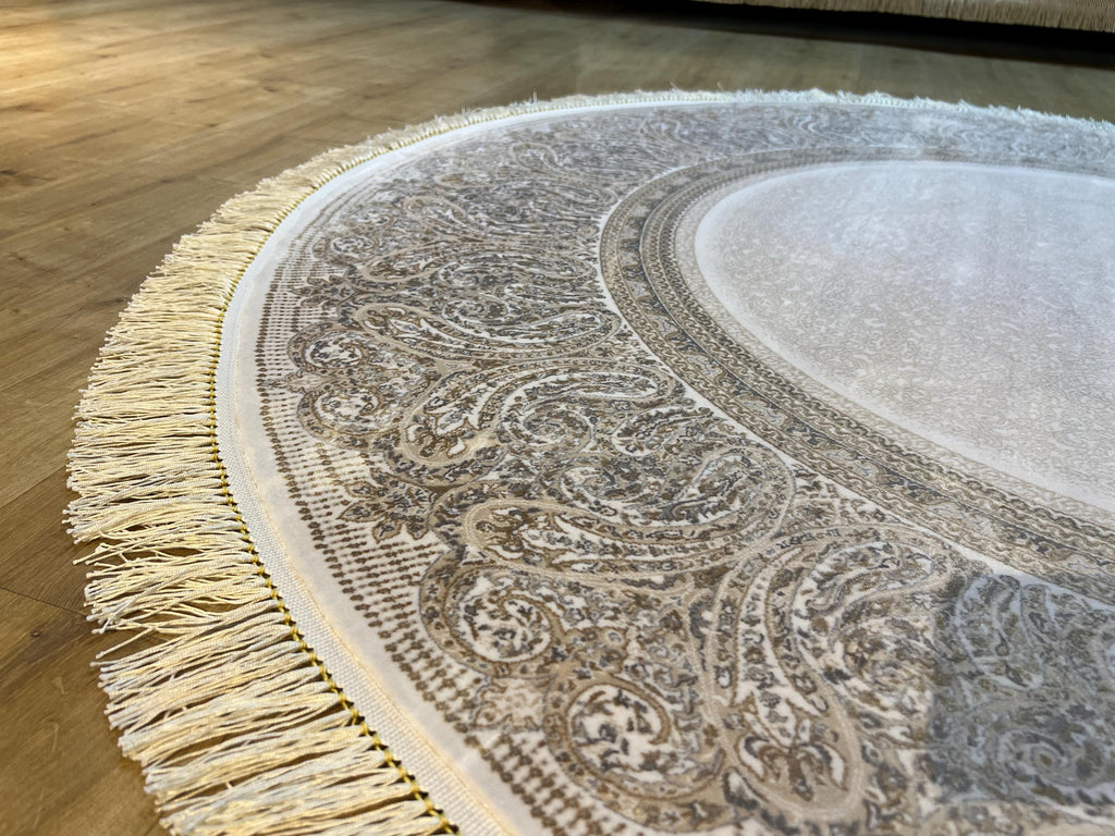 5x5 Ft Round Cream Gold Silk Rug, Classic Luxury Rug