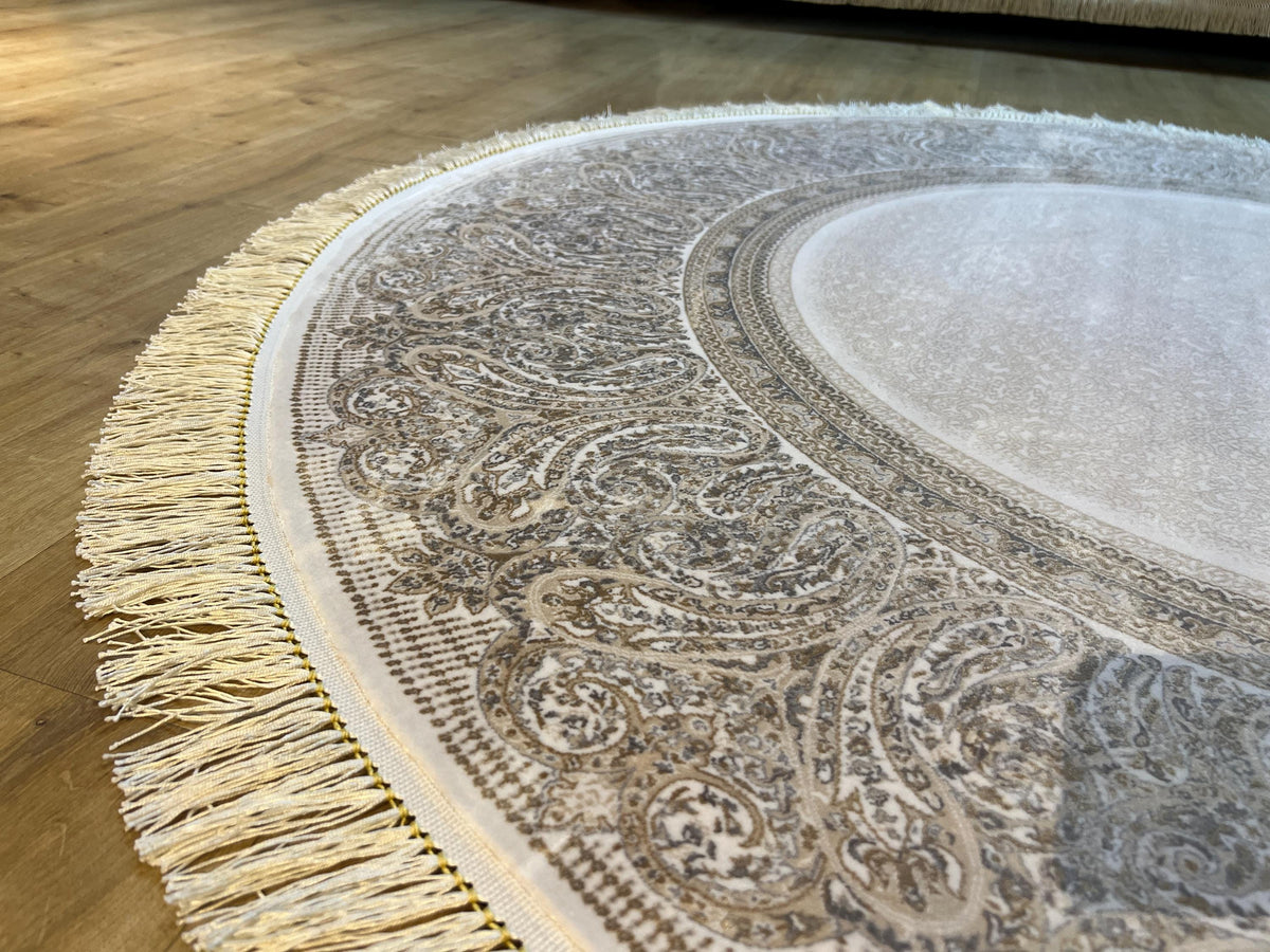 5x5 Ft Round Cream Gold Silk Rug, Classic Luxury Rug