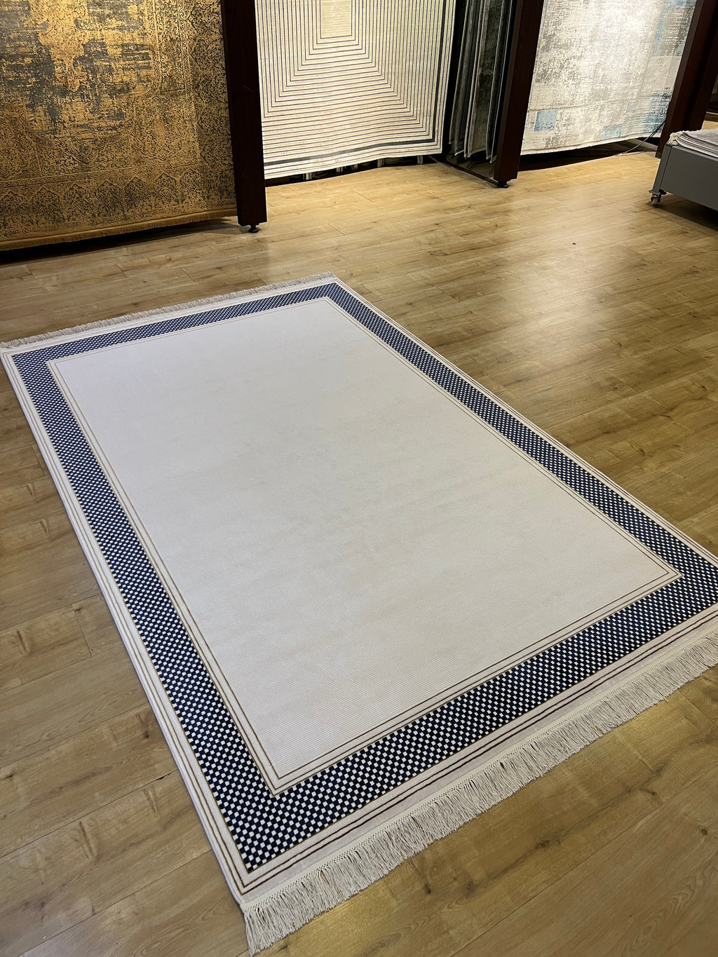 White and Blue Bamboo Rug, Bordered Minimalist Rug, 5x8 ft