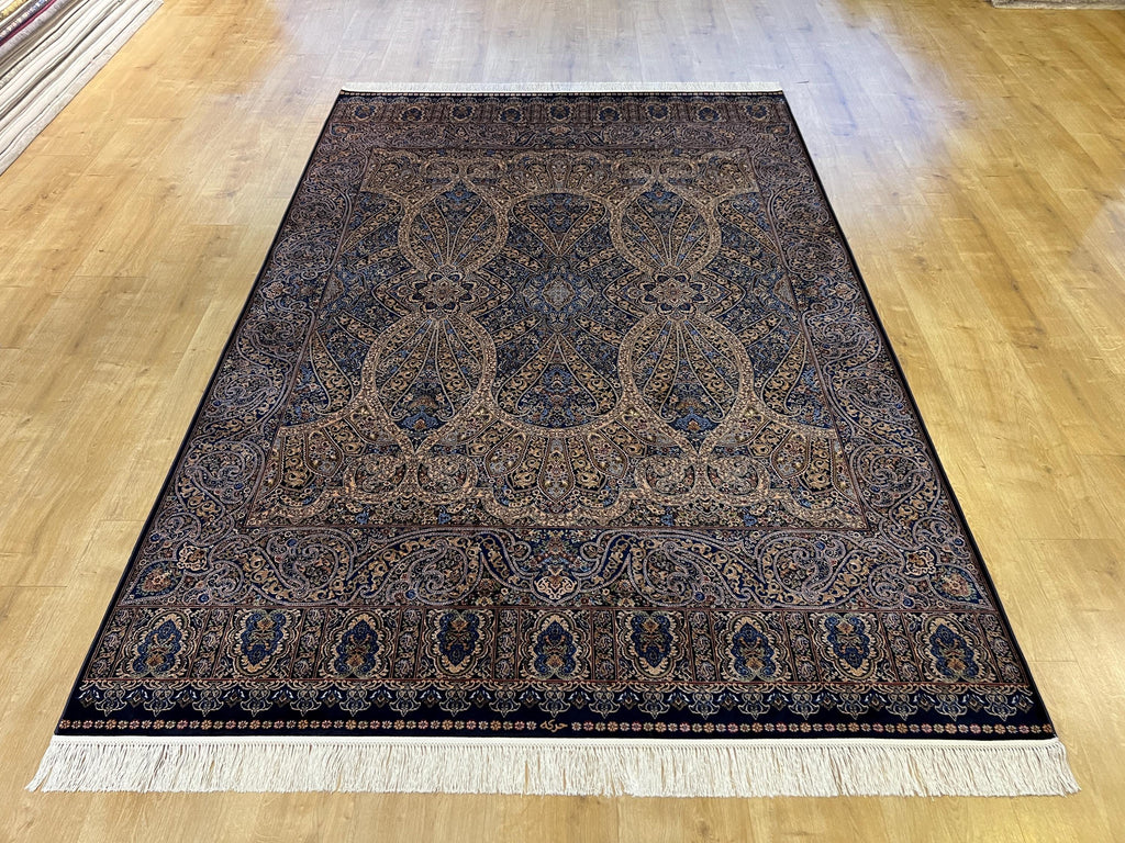 5x8 ft Blue Gold Silk Rug, Classic Turkish Carpet, Luxury Floral Design, Area Rug