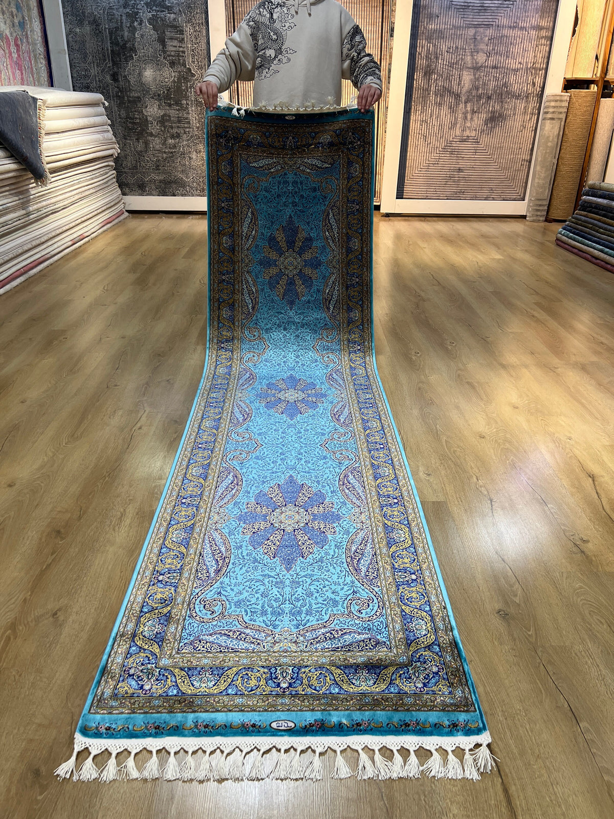 3x10 ft Blue Gold Medallion Silk Runner Rug, Turkish Home Luxury Style