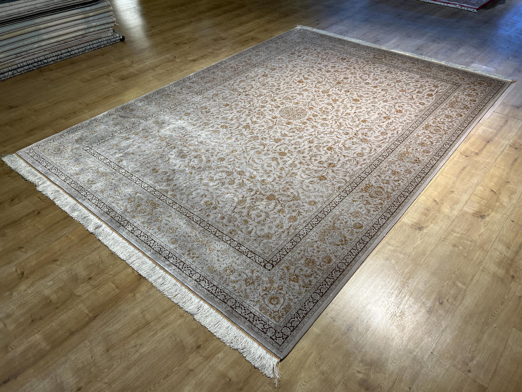 7x10 ft Brown Beige Silk Bamboo Rug, Framed Classic Design, Traditional Style Carpet