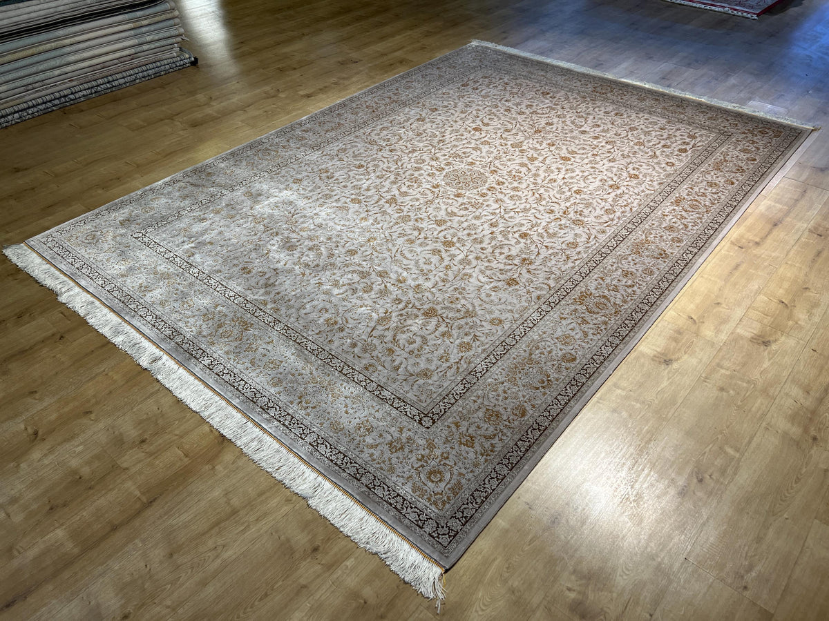 7x10 ft Brown Beige Silk Bamboo Rug, Framed Classic Design, Traditional Style Carpet