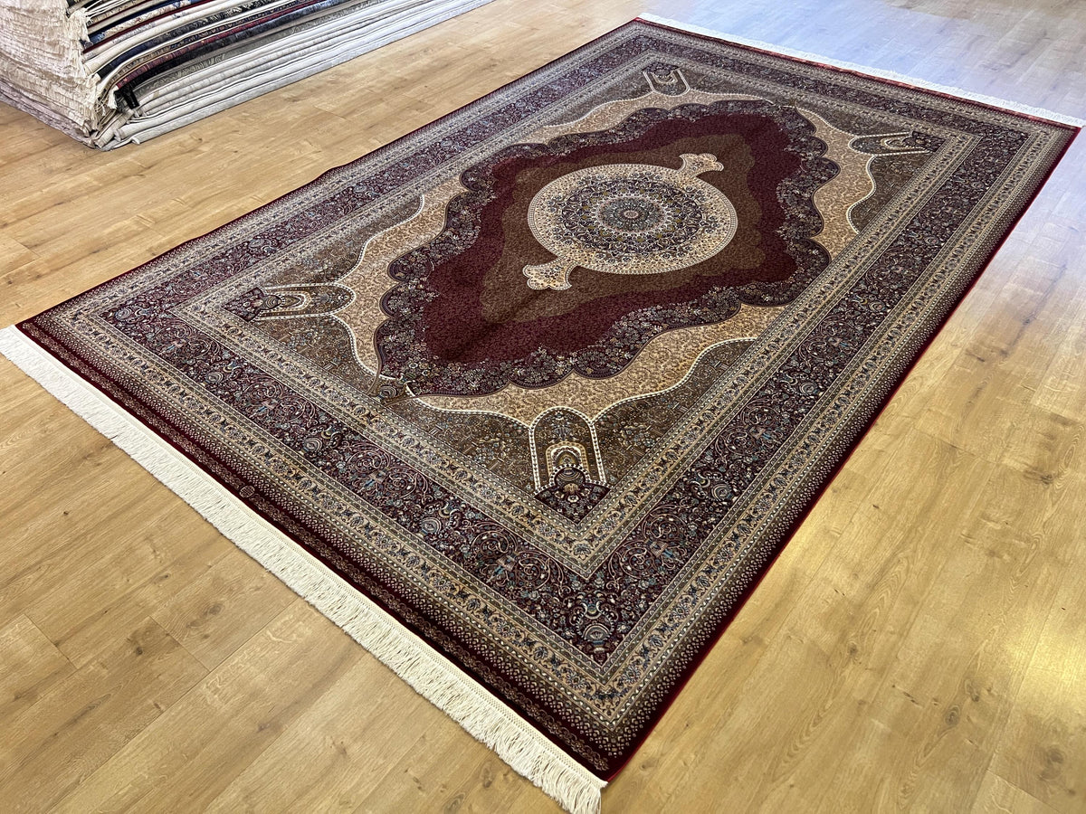 7x10 ft Red Modal Silk Rug, Ornate Medallion Floral Pattern, Luxury Turkish Large Carpet