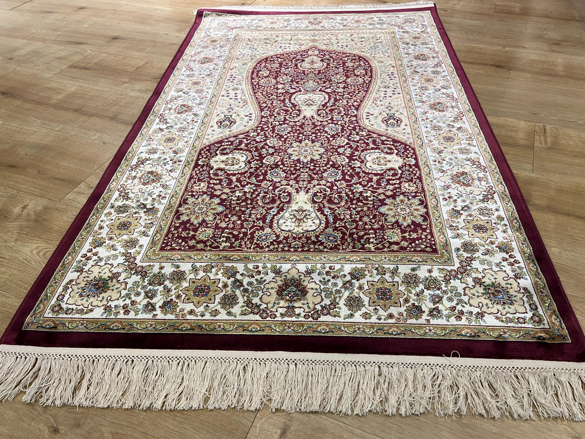 Red Modal Silk Prayer Rug, Janamaz Mat, Muslim Gift (2.62X4.10)