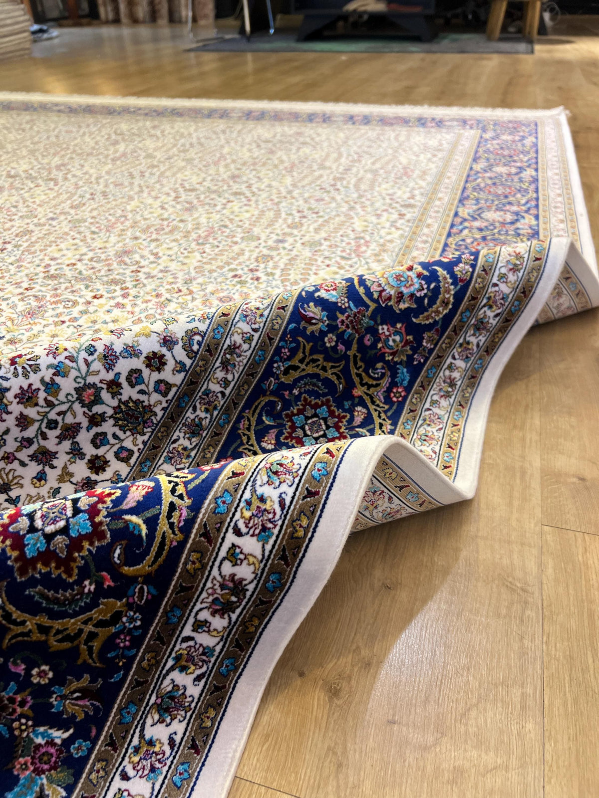 Ivory Blue Floral Silk Rug, Traditional Turkish Carpet, Luxury Home Decor