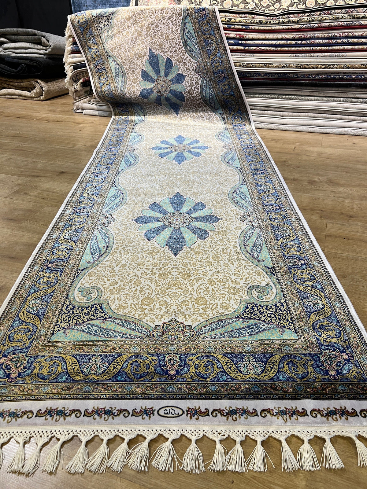 Turquoise Gold Medallion Silk Runner Rug, 3x10 ft, Classic Luxury Hallway Rug