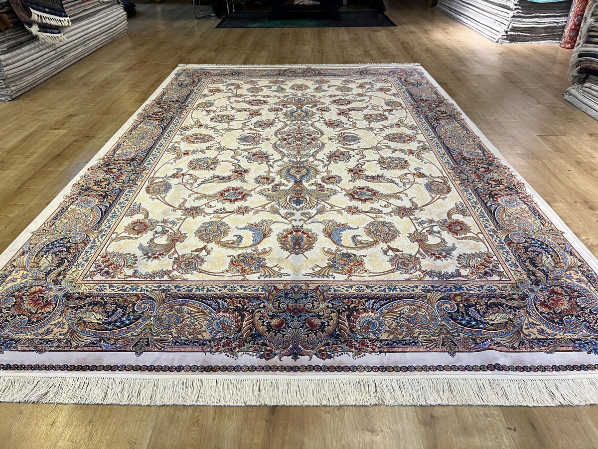 7x10 ft Ivory Silk Rug, Navy Border Classic Turkish Style, Oversize Rug