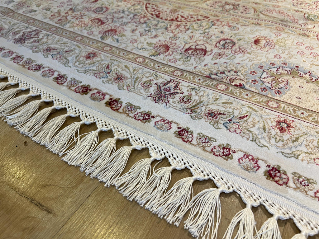 Ivory Bamboo Silk Rug 10x13 ft, Elegant Large Area Rug with Classic Medallion Pattern