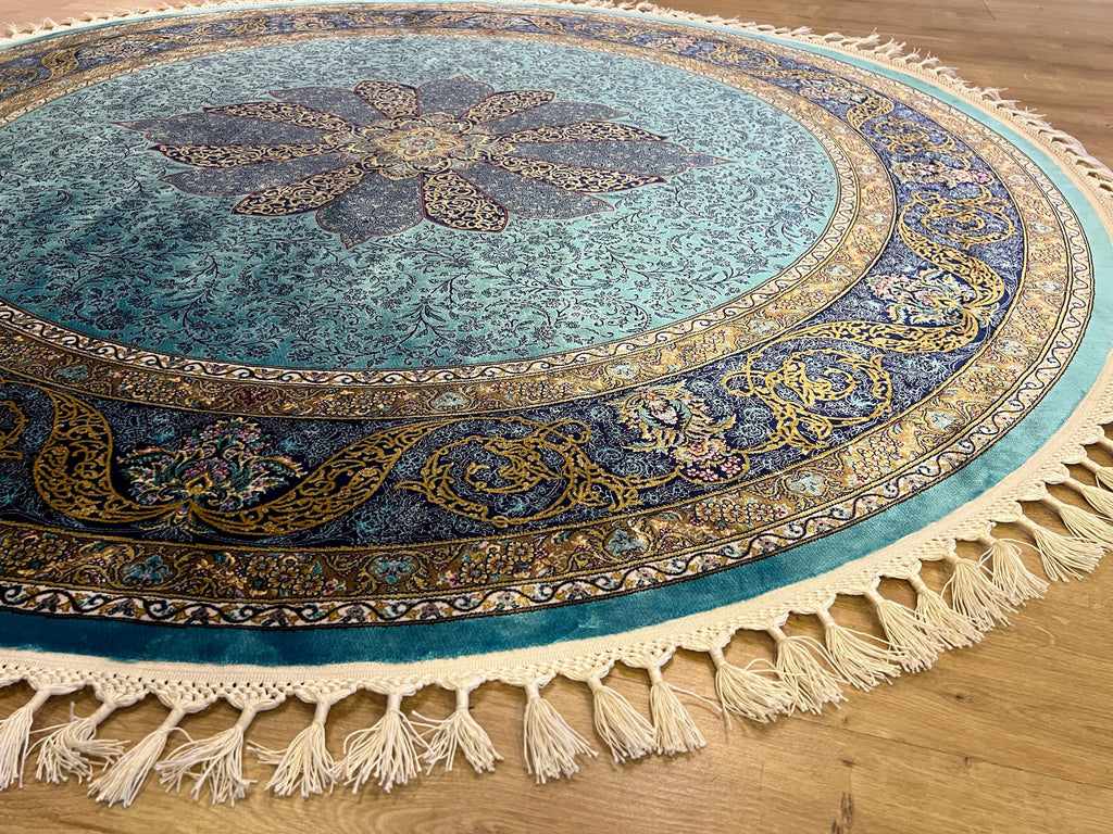 5x5 Ft Round Blue Gold Silk Rug, Medallion Design, Classic Luxury Area Rug