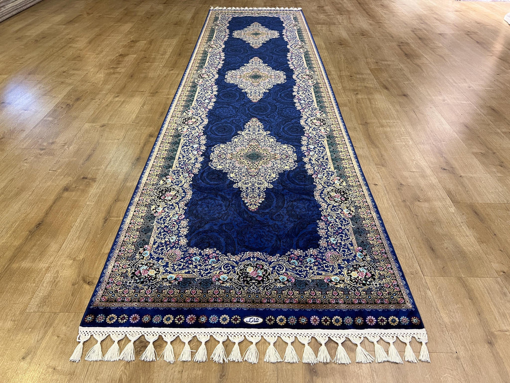 Navy Blue Medallion Silk Runner Rug, 3x10 ft, Classic Luxury Hallway Rug