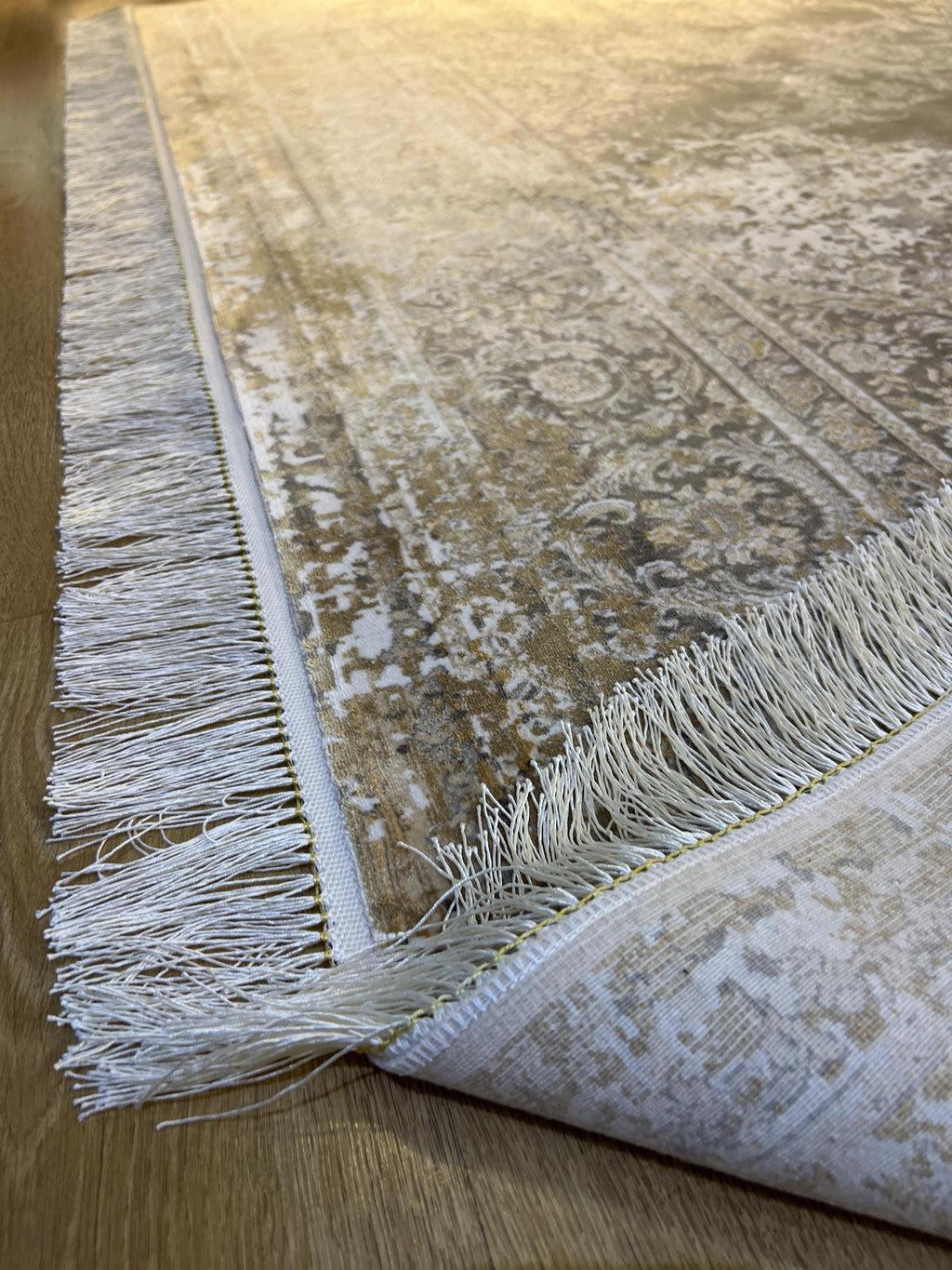 Cream Silk Rug with Beige Medallion and Border, Antique Style