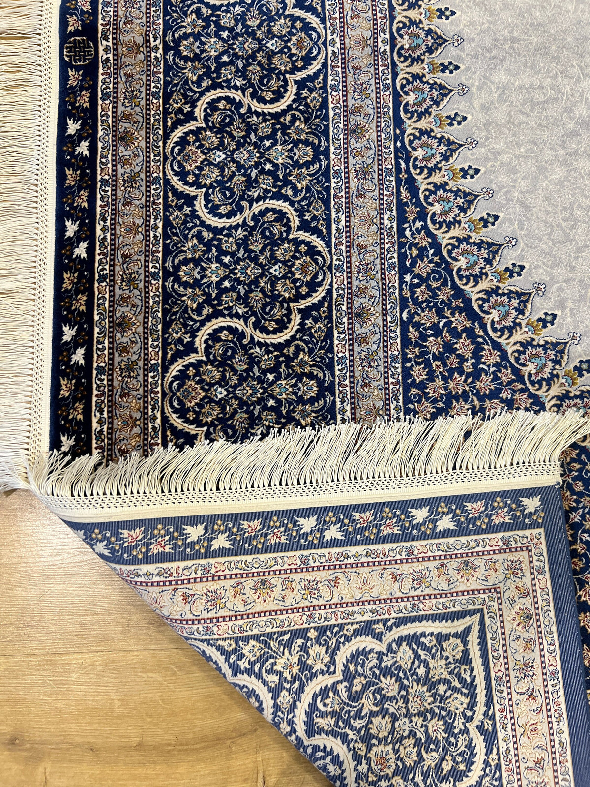 7x10 ft Grey Silk Rug, Navy Medallion and Border, Classic Design