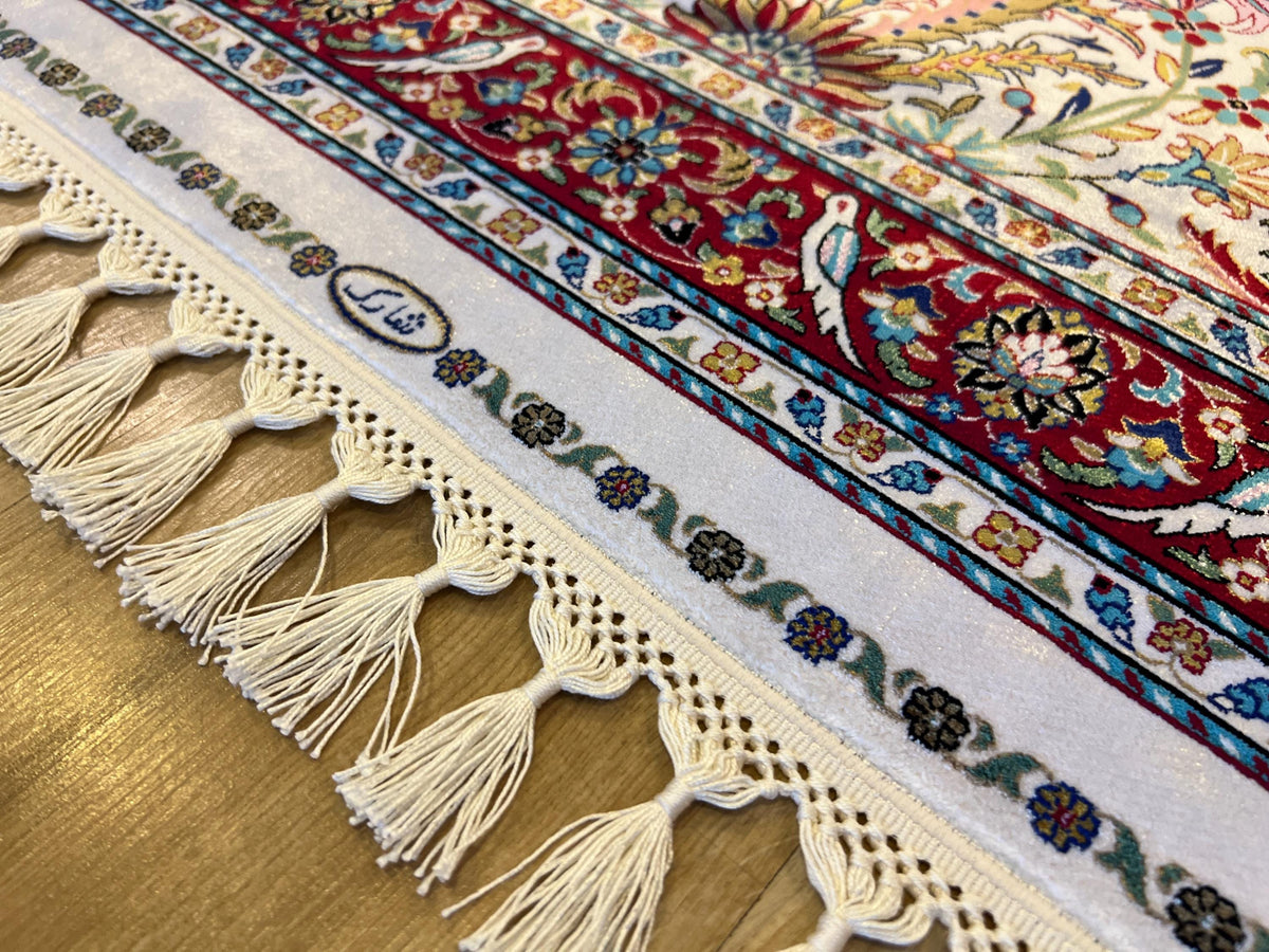 2.62X4.10 ft Ivory Red Silk Prayer Rug, Luxury Muslim Janamaz Mat