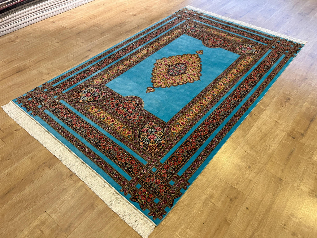 5x8 ft Blue Silk Area Rug, Floral Medallion Classic Style, Luxury Home Decor