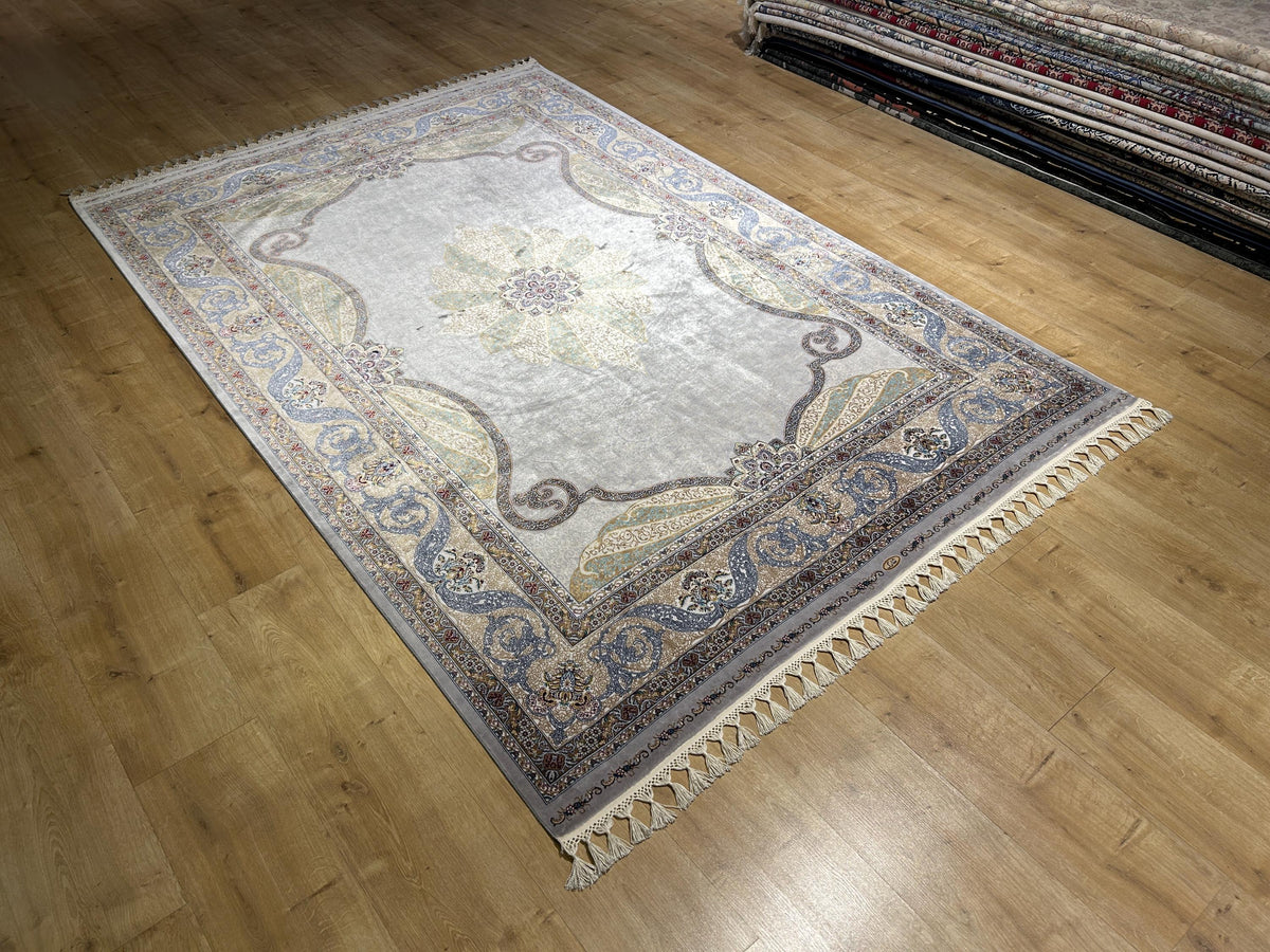 Gray Silk Rug, Gold Blue Medallion, Classic Traditional Style Carpet