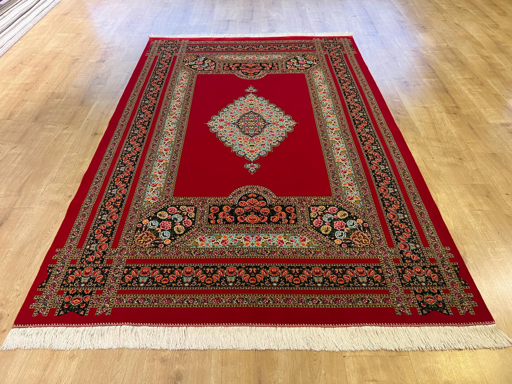 Floral Silk Rug, Floral Medallion and Border Design Classic Luxury Carpet