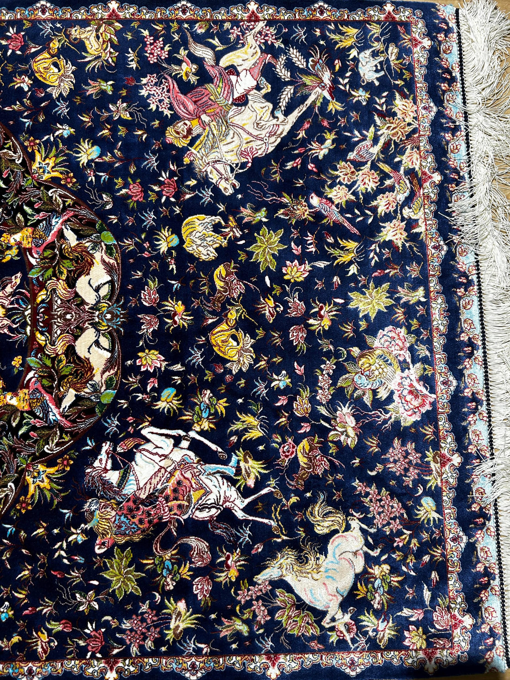Blue Decorative Silk Tapestry Rug With Art Motifs, Floral Design